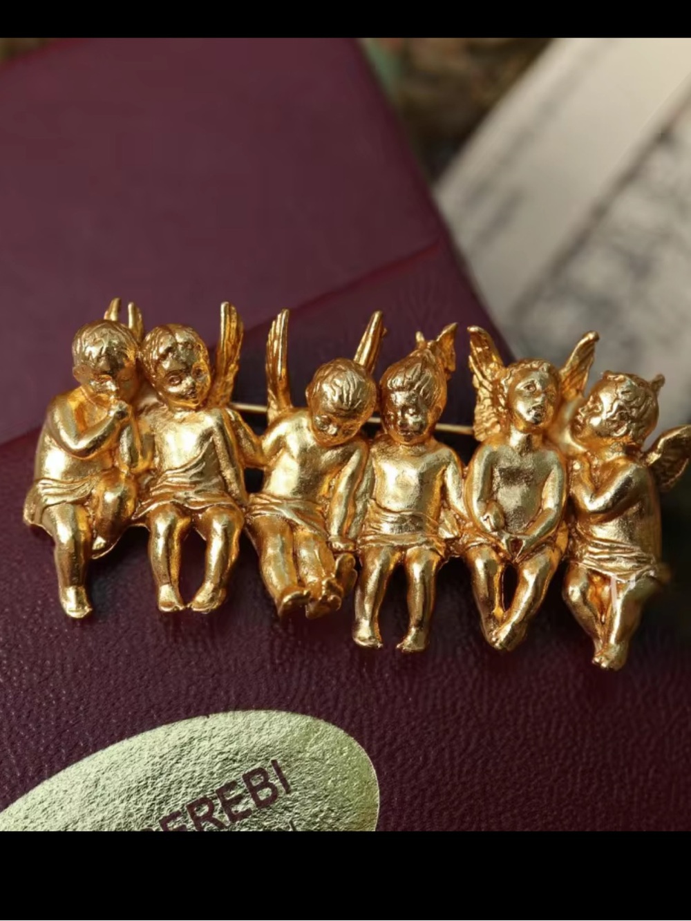Classic Gold Angel Cherub Pin Brooch - Row of Seven Seated Angels